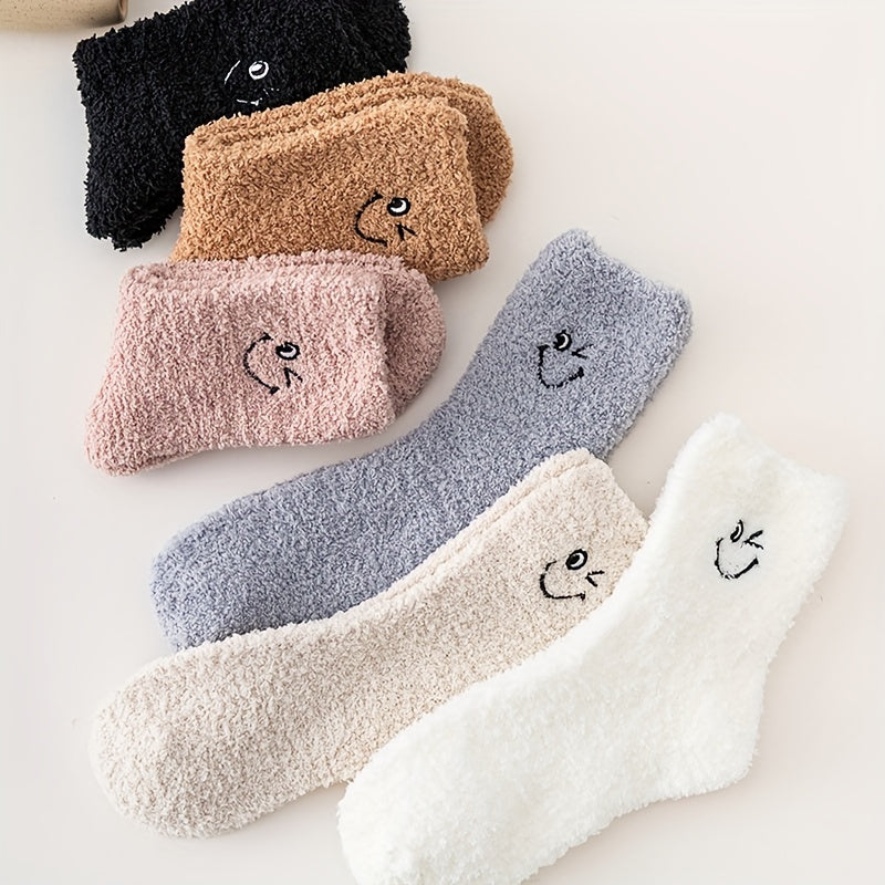 6 Pairs Embroidery Socks Warm Fuzzy Stockings Women's Hosiery