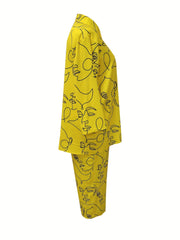 Women's Plus Abstract Face Print Long Sleeve Button Up Shirt & Pants Set