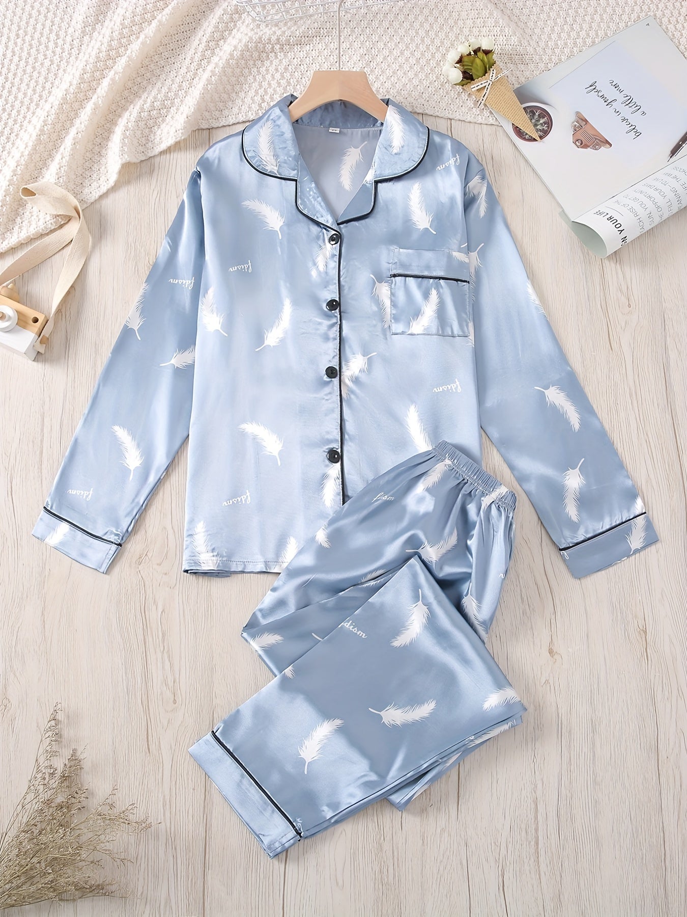 Women's Satin Feather Print Pajama Set Long Sleeve Button Up Tops & Pants