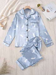 Women's Satin Feather Print Pajama Set Long Sleeve Button Up Tops & Pants