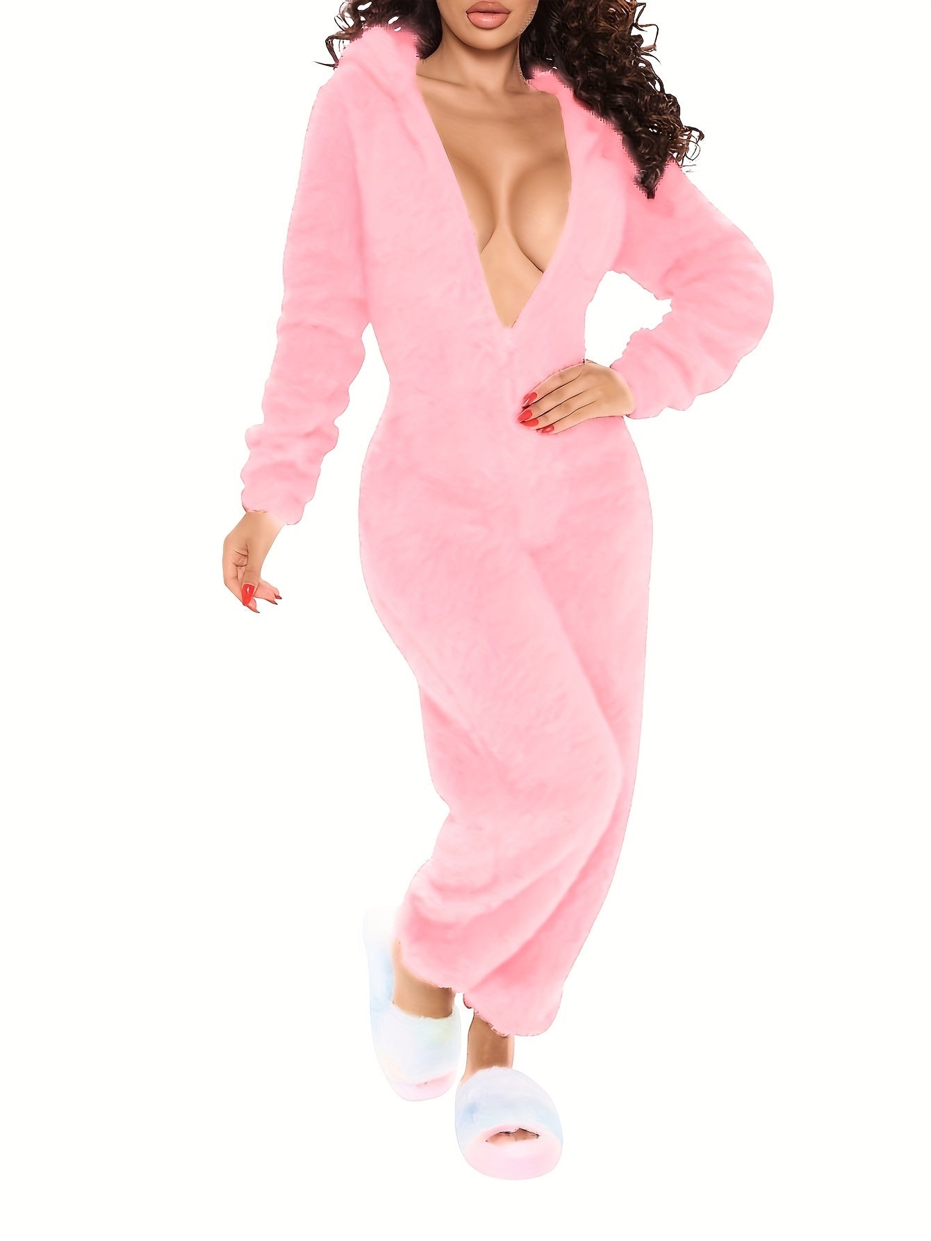 Solid Hooded Fuzzy Pajama Jumpsuit Comfy Long Sleeve Zipper Pajamas