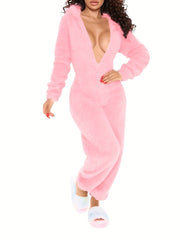Solid Hooded Fuzzy Pajama Jumpsuit Comfy Long Sleeve Zipper Pajamas
