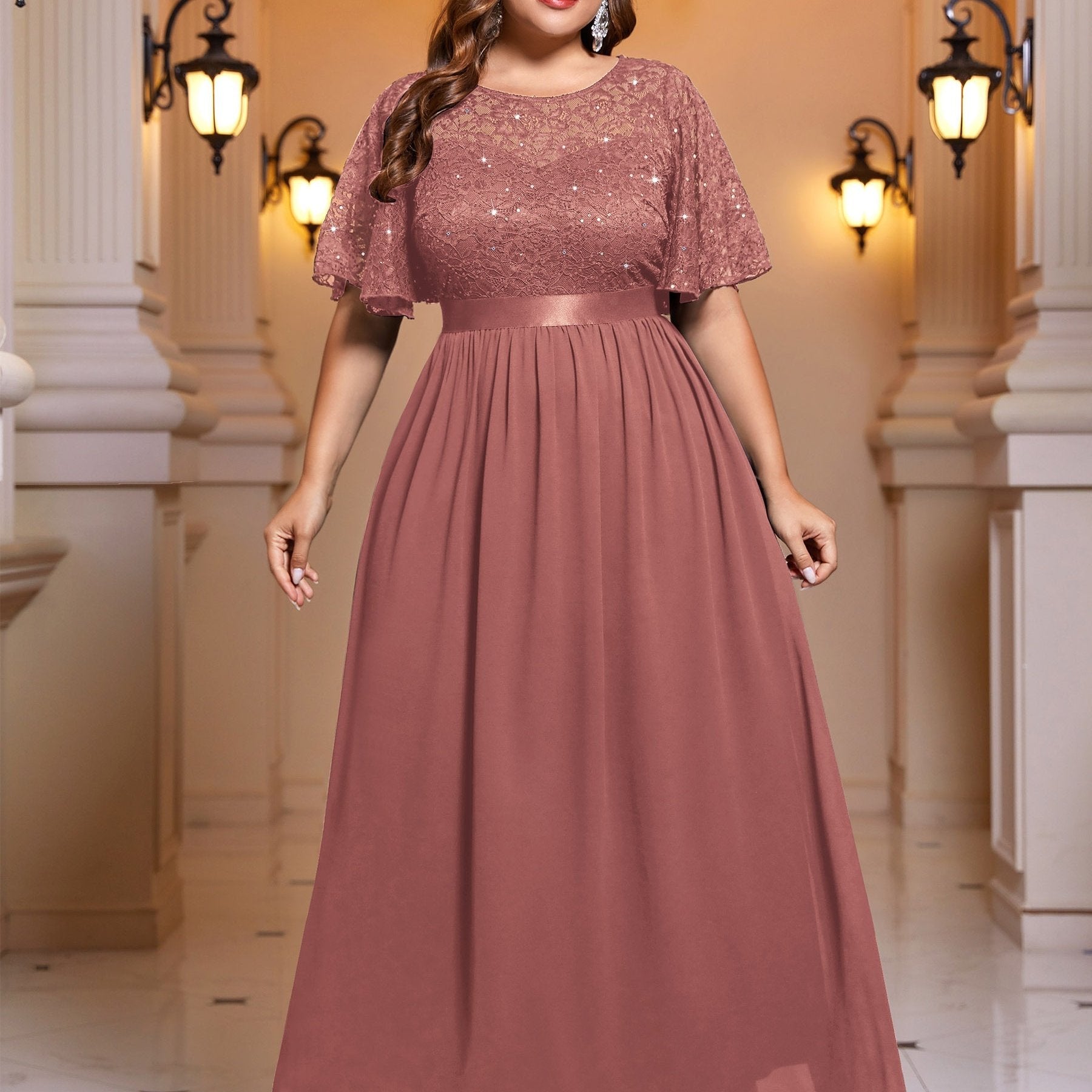 Sequin Lace Flutter Sleeve Maxi Bridesmaid Dress