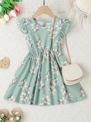 Girls Ruffle Trim Flowers Graphic Princess Dress For Party Beach Vacation