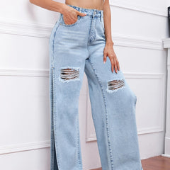High Waist Distressed Split Jeans Slash Pockets