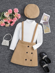 Long Sleeve Top & Suspender Skirt Girl's Set With Hat
