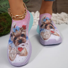 Breathable Cartoon Dog Print Non slip Running Shoes with Rhinestone Decoration