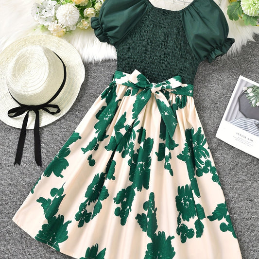 Toddler Girls Puff Sleeve Leaves Graphic Princess Dress
