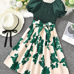 Toddler Girls Puff Sleeve Leaves Graphic Princess Dress