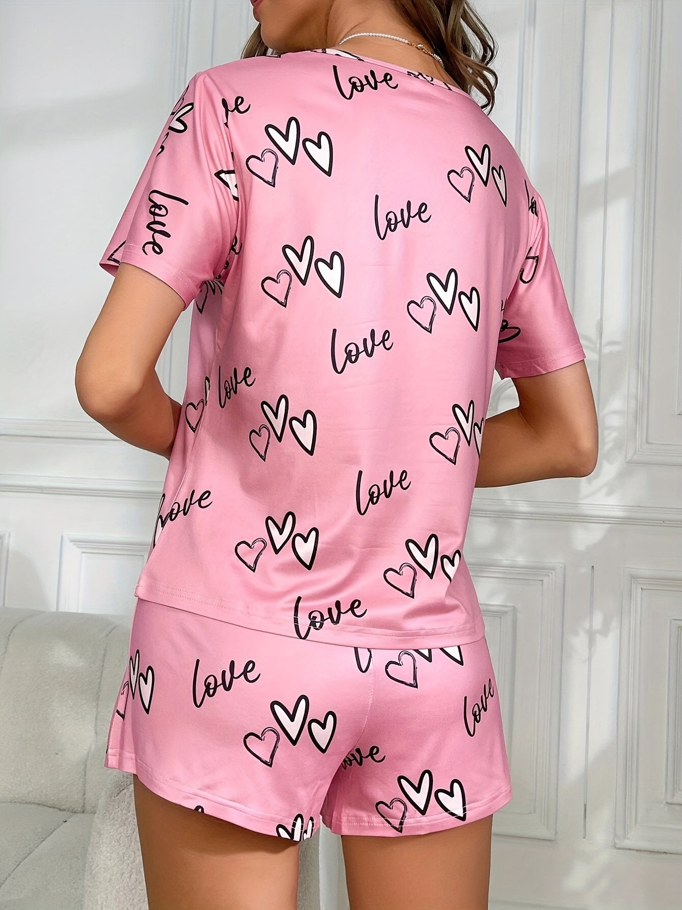 Heart Print Lounge Set Crew Neck Short Sleeve Top & Elastic Waistband Shorts