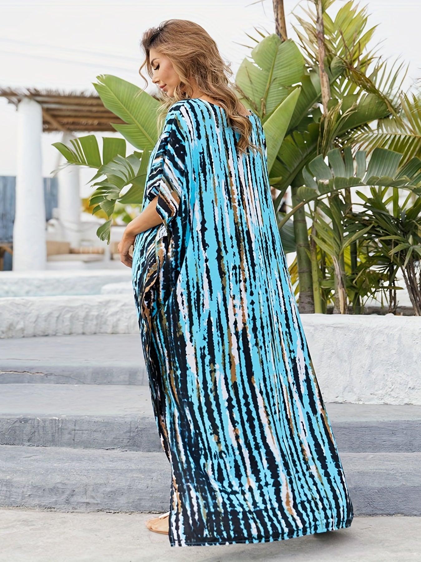 Tie Dye Bat Sleeve V Neck Cover Up Dress