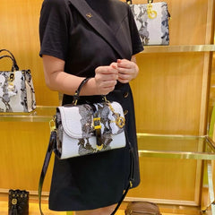 Snake Print Handbag w/ Golden Accents Detachable Strap & Zipper Closure