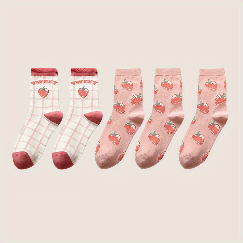 5pairs Girls Kids Strawberry Pattern Thin Lace Breathable Comfy Socks