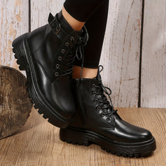 Women's Lace-Up Combat Boots Round Toe Side Zip Outdoor Short Boots