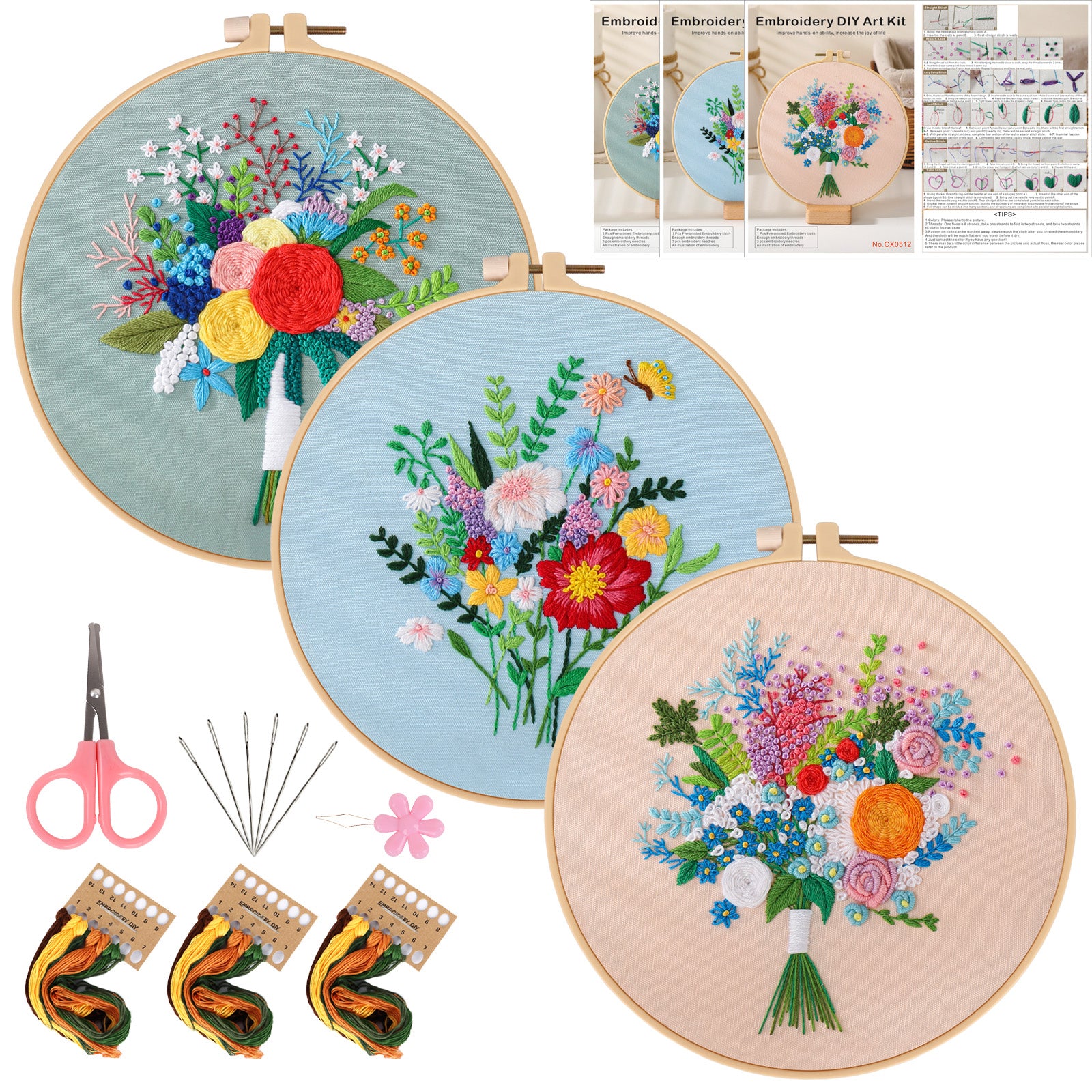 3pcs Embroidery Kit Flower Bouquet Pattern with Hoop 7 9 Inch DIY Gift