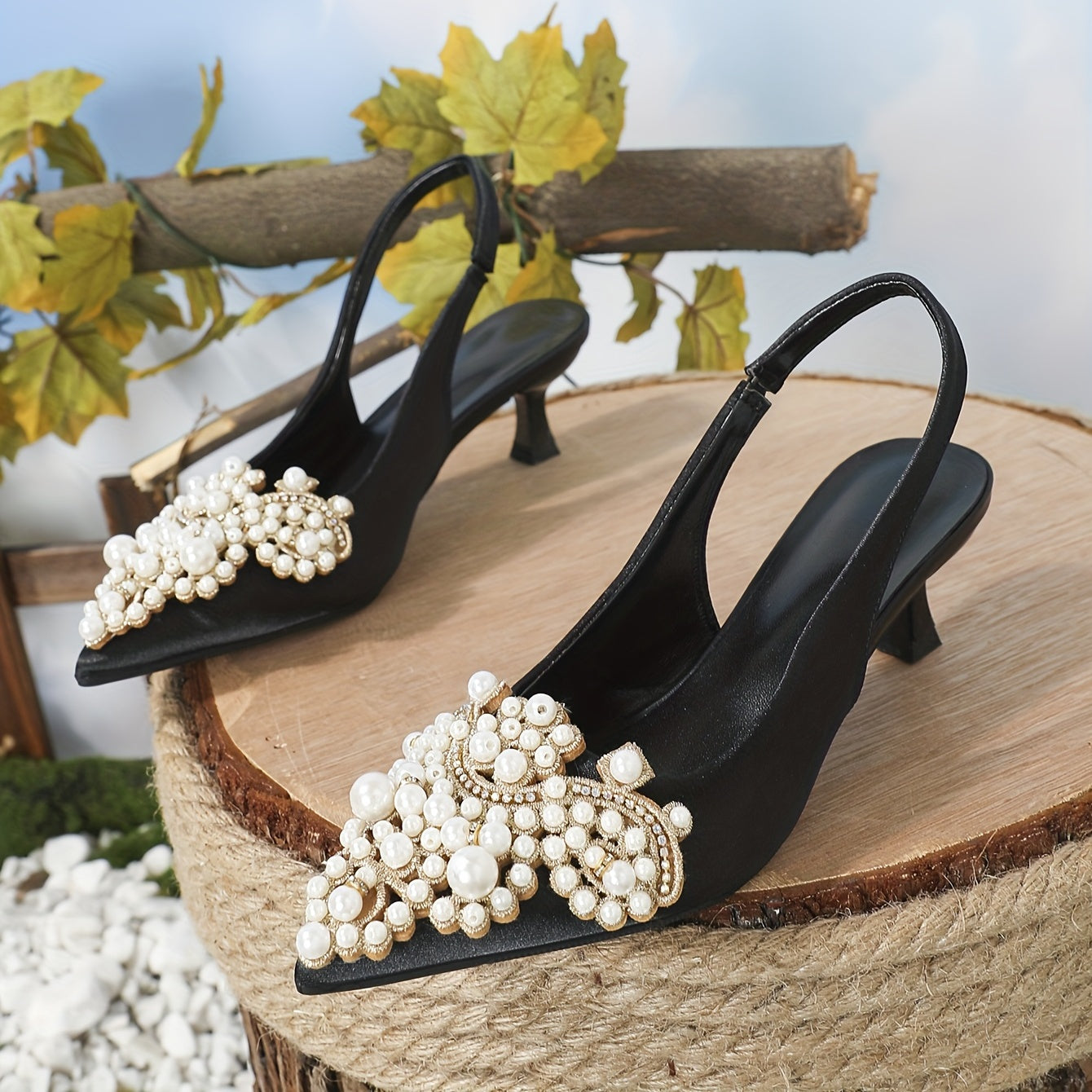 Faux Pearl Kitten Heels Pointed Toe Slingback Shoes