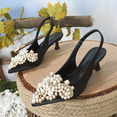 Faux Pearl Kitten Heels Pointed Toe Slingback Shoes