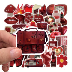 50pcs Red Retro Cartoon Phone Case Stickers Waterproof Self adhesive Stickers