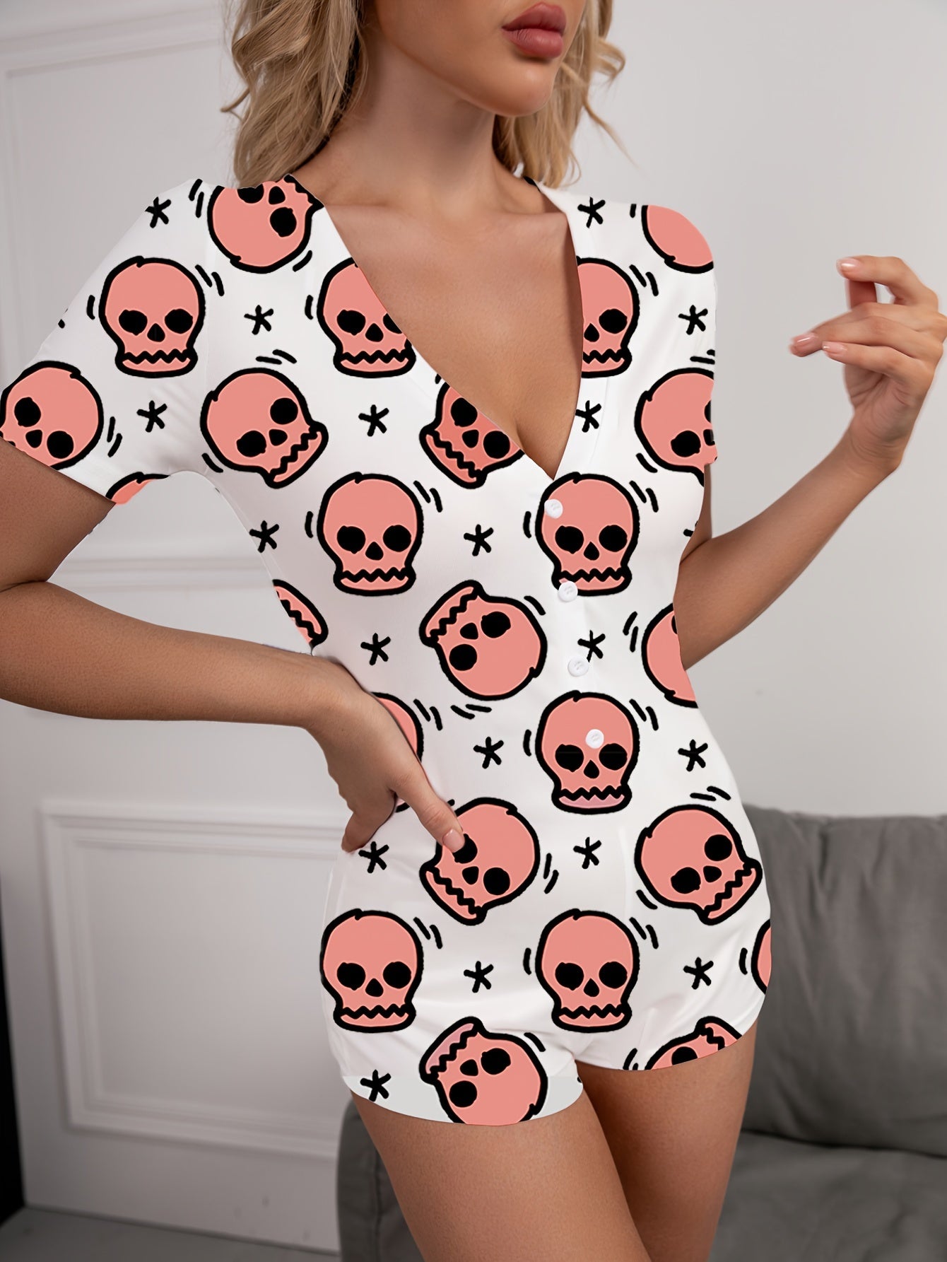 Skull Print Buttons Pajama Romper Short Sleeve V Neck Pajamas