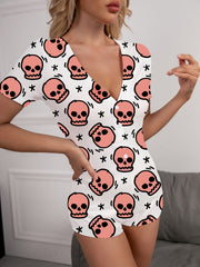 Skull Print Buttons Pajama Romper Short Sleeve V Neck Pajamas