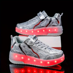 Boy's LED Light Up Roller Shoes Hook Loop Velcro Wheel Skate Sneakers Kids