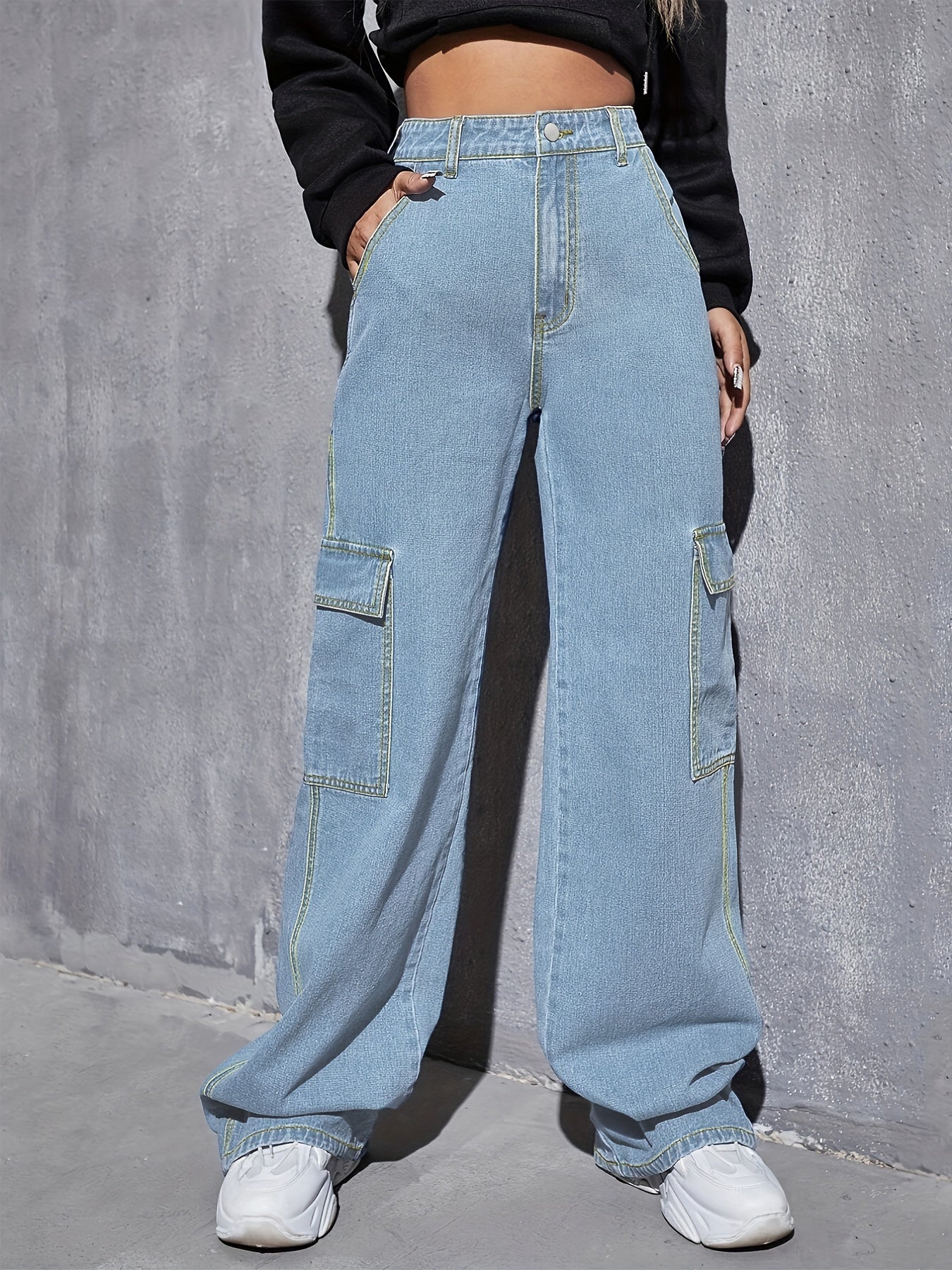 Y2K Style Baggy Cargo Pants Flap Pockets Denim Jeans