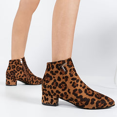 Leopard Chunky Heel Short Boots Women's Ankle Boots Pointed Toe Zip