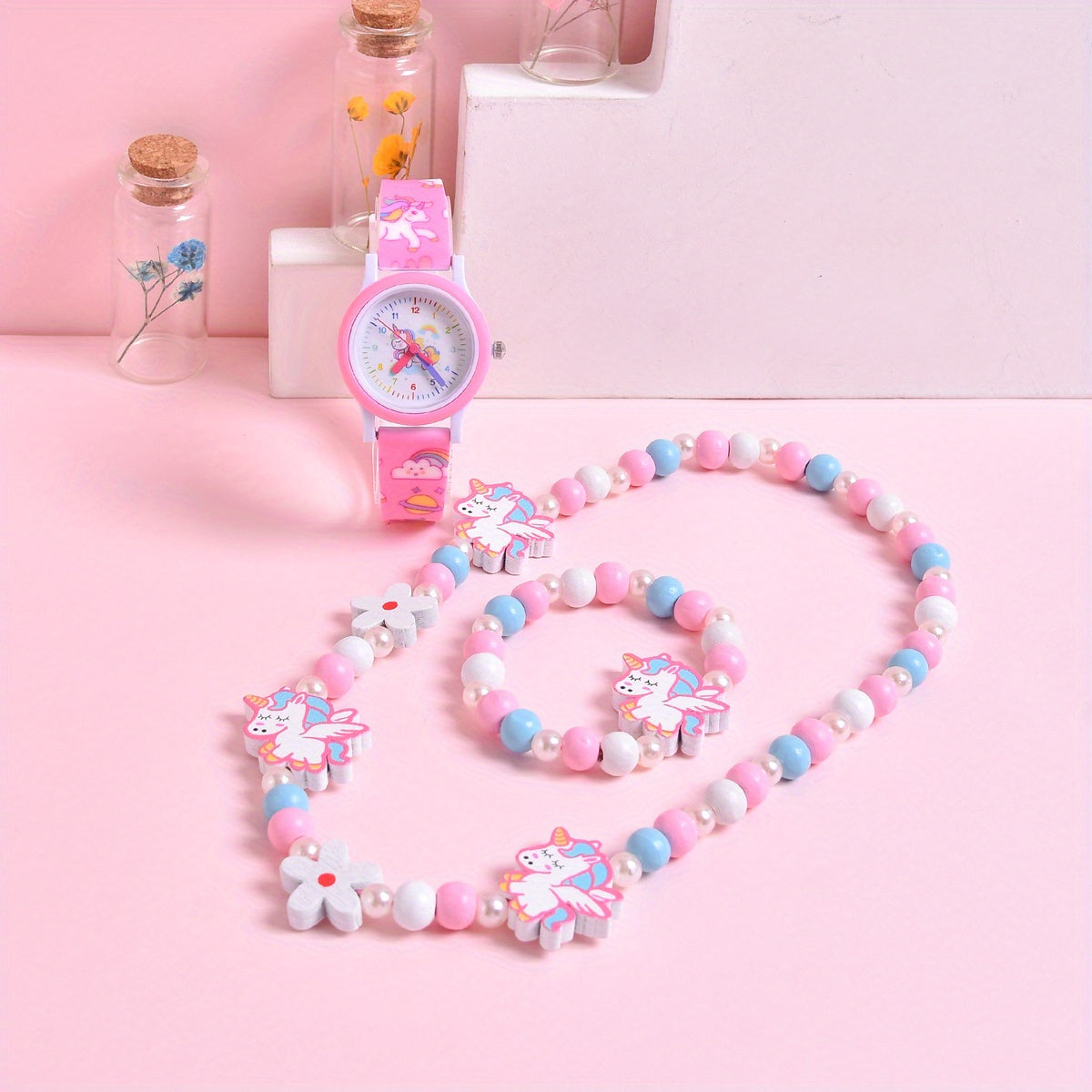 3D Cartoon Pony Kids' Watch Set with Bracelet & Necklace
