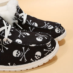 Plush Lined Canvas Shoes Halloween Skull Slip On Warm Shoes