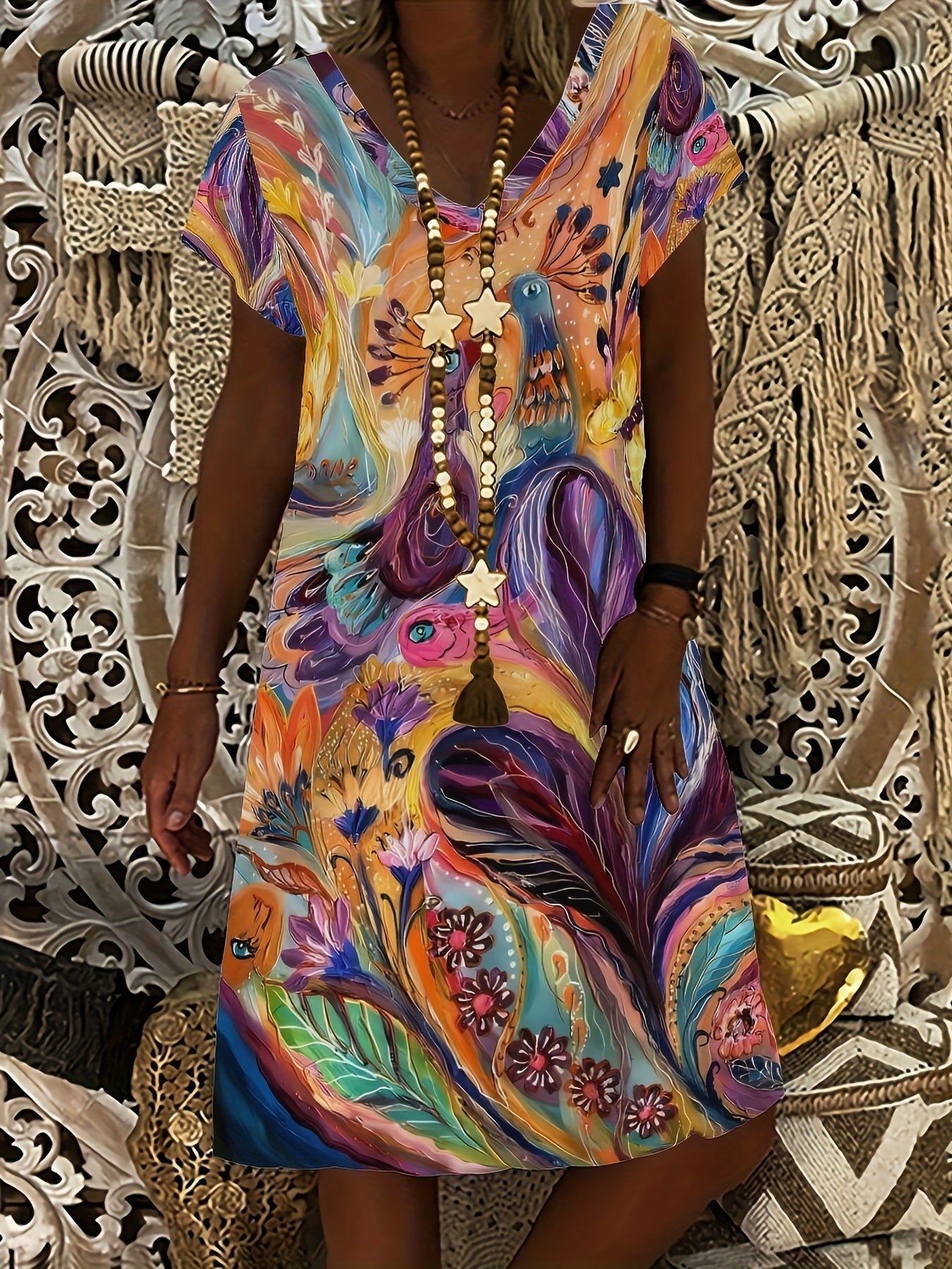 Abstract Print T Shirt Dresses Short Sleeve V Neck Causal Dresses