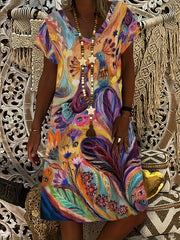Abstract Print T Shirt Dresses Short Sleeve V Neck Causal Dresses