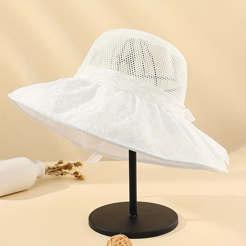 Mesh Hollow Lace Sun Hat Wide Brim Casual Beach Travel Bucket Hat