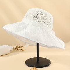 Mesh Hollow Lace Sun Hat Wide Brim Casual Beach Travel Bucket Hat