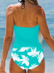 Coconut Tree Tankini Sets Halter Drawstring Tie Swimsuit