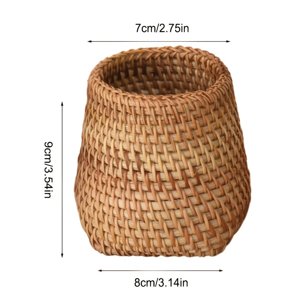 Handwoven Rattan Pen Holder Organizer Box for Home Office