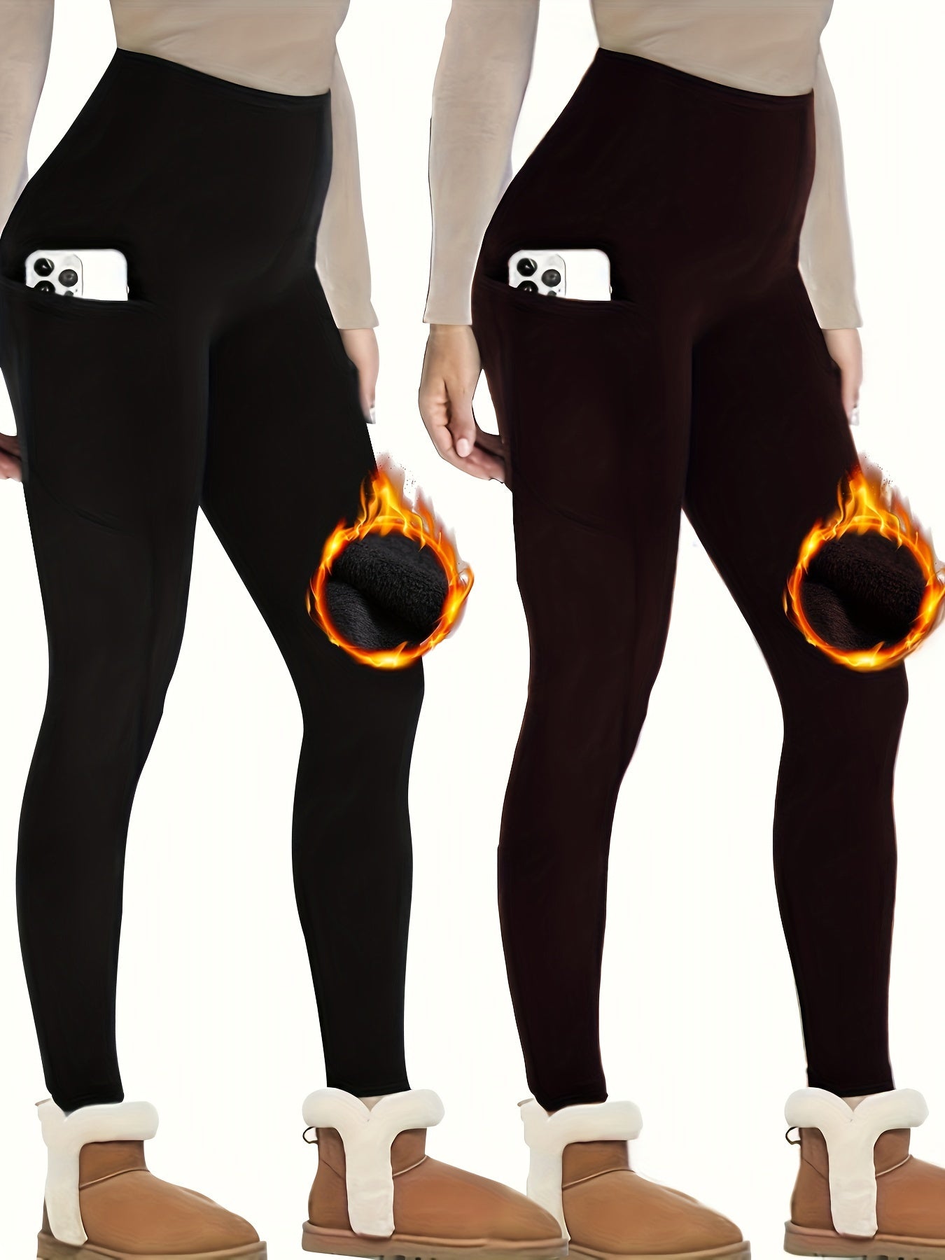 Solid Fleece Yoga Pants With Pocket High Stretch Leggings Women's Activewear