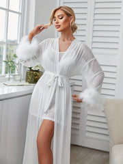 Feather Trim Robe & Slip Dress Pajama Set