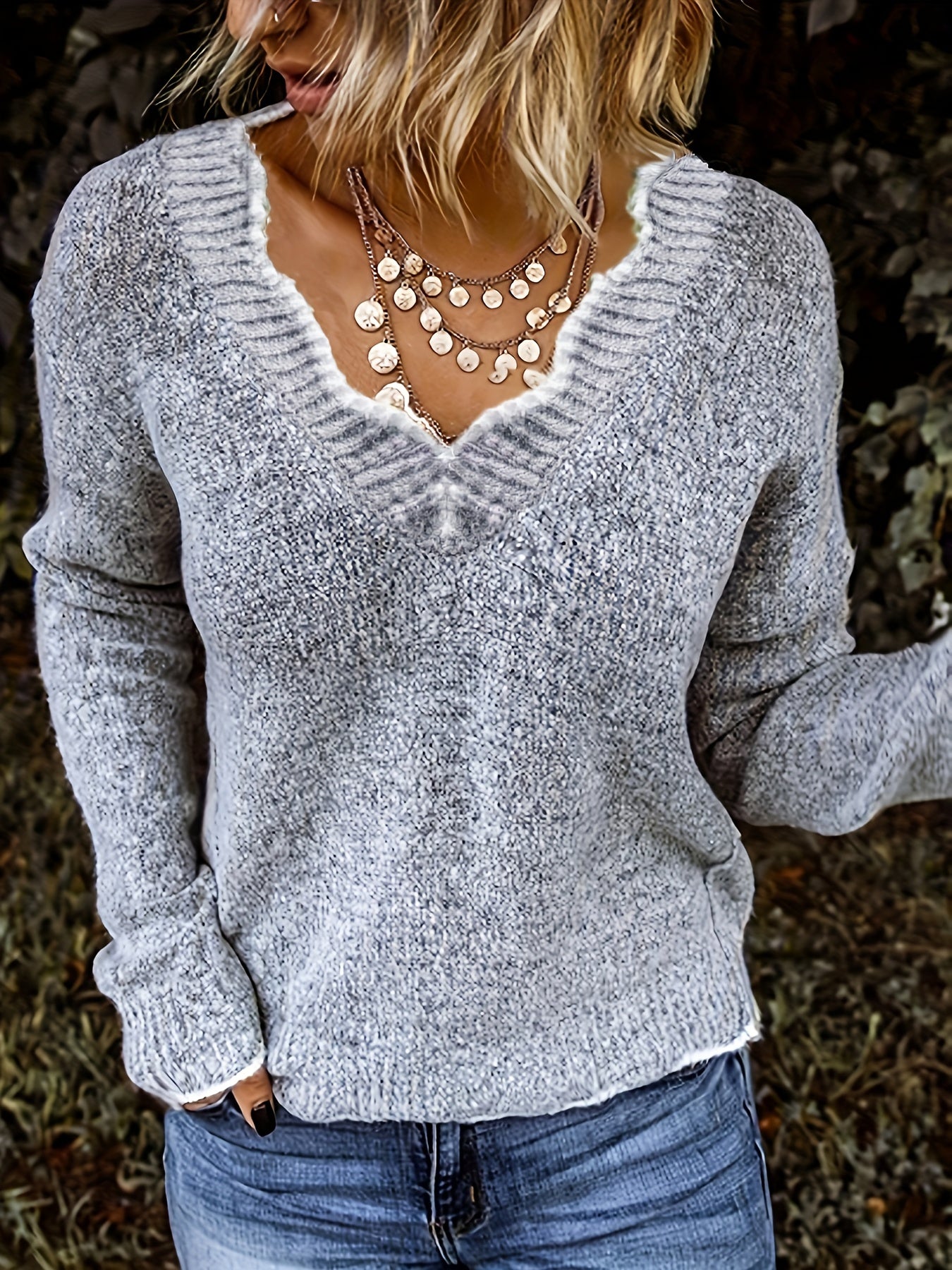 Casual Sweater Women's Long Sleeve V Neck Pullover