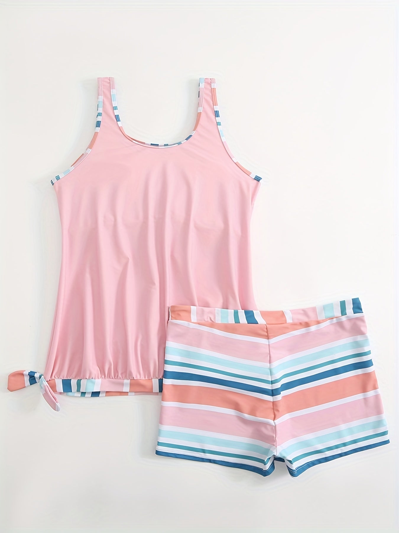 Modest Tankini Set Women's Plus Stripe Print Ruched Tank Top & Shorts
