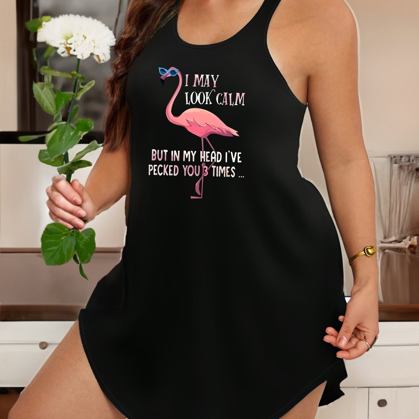 Flamingo Print Lounge Dress Sleeveless Crew Neck Women's Loungewear