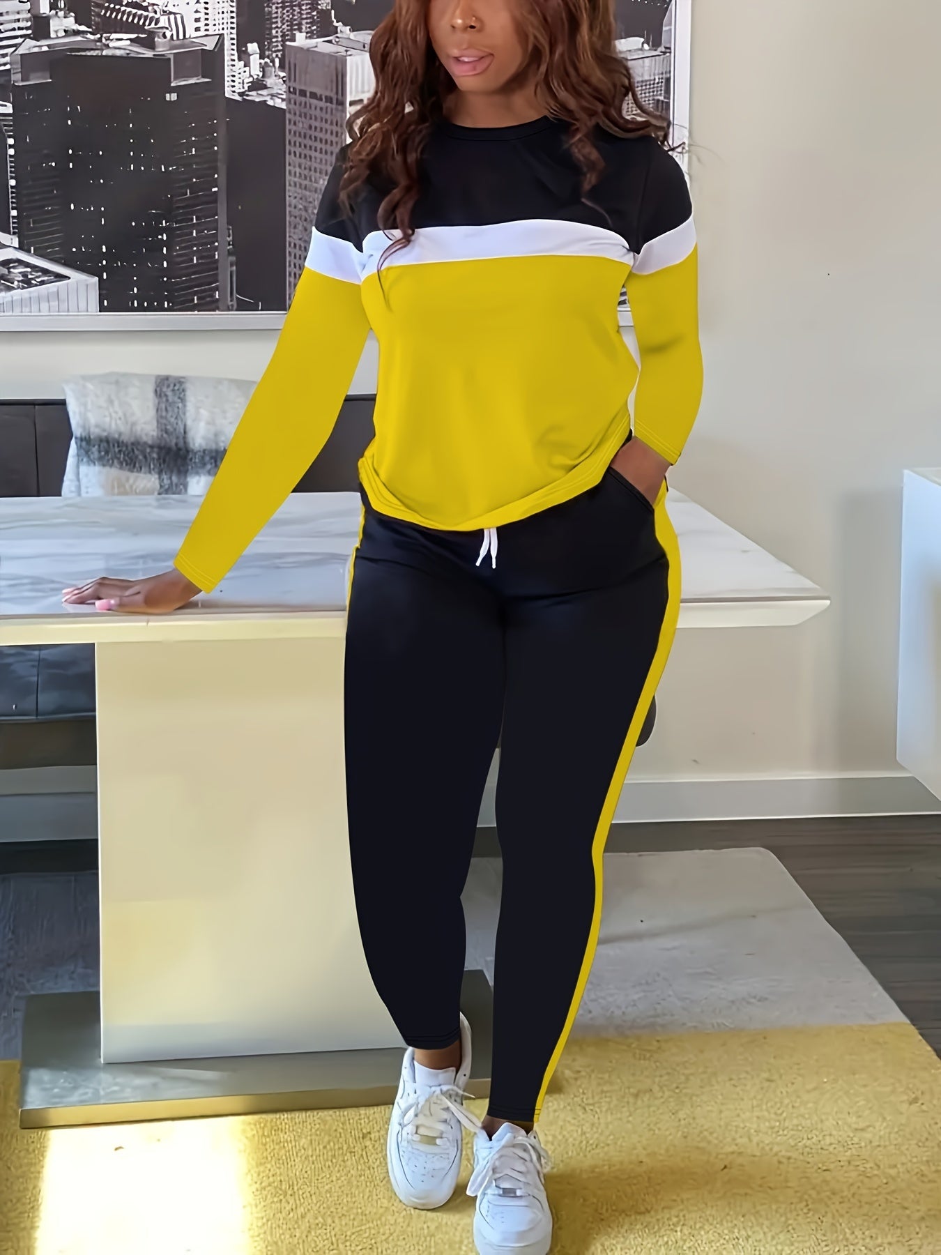 Colorblock Stripe Print Top & Pants Set