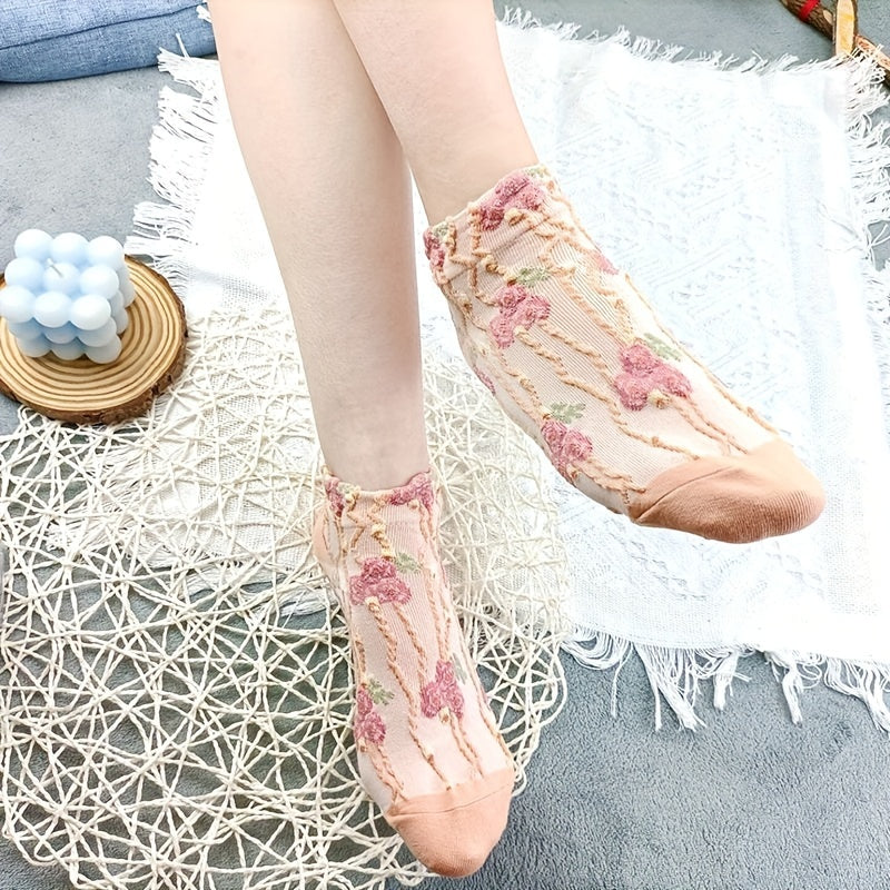5 Pairs Floral Print Short Socks Retro Style All match Textured Socks