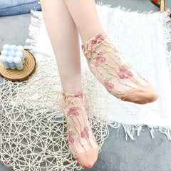 5 Pairs Floral Print Short Socks Retro Style All match Textured Socks