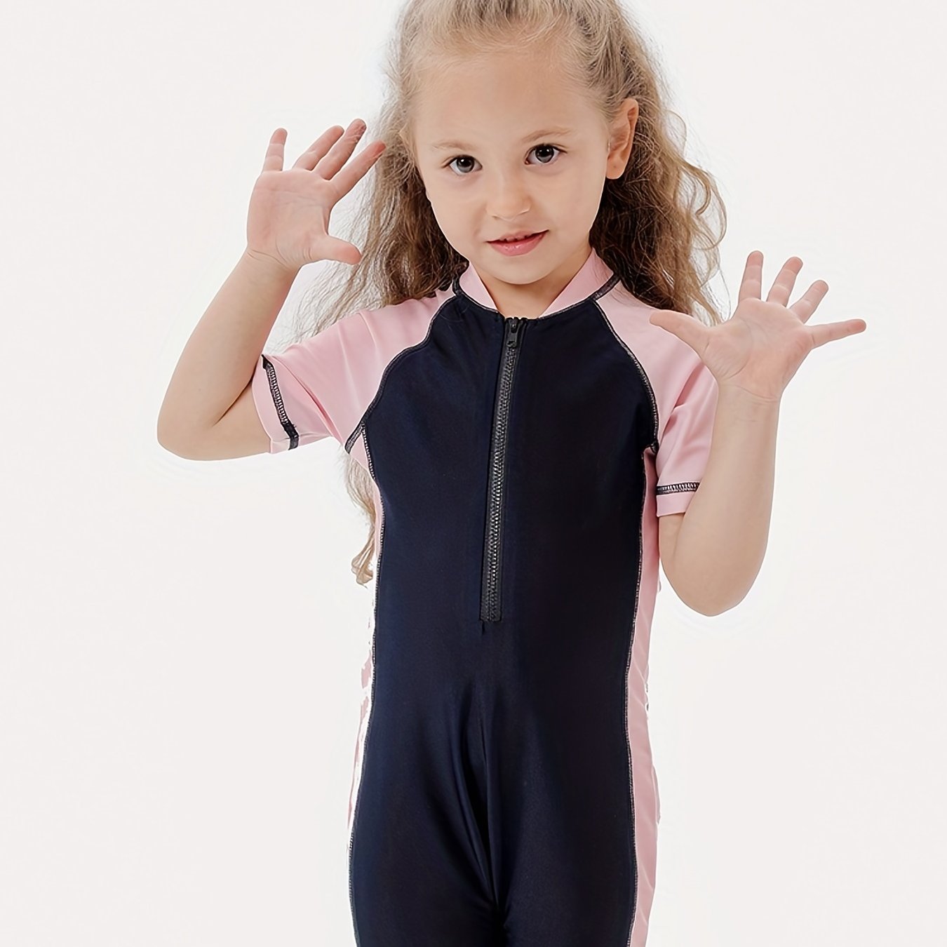 Toddler Girls Block Zipper Short Sleeve Stand Collar Swimsuit