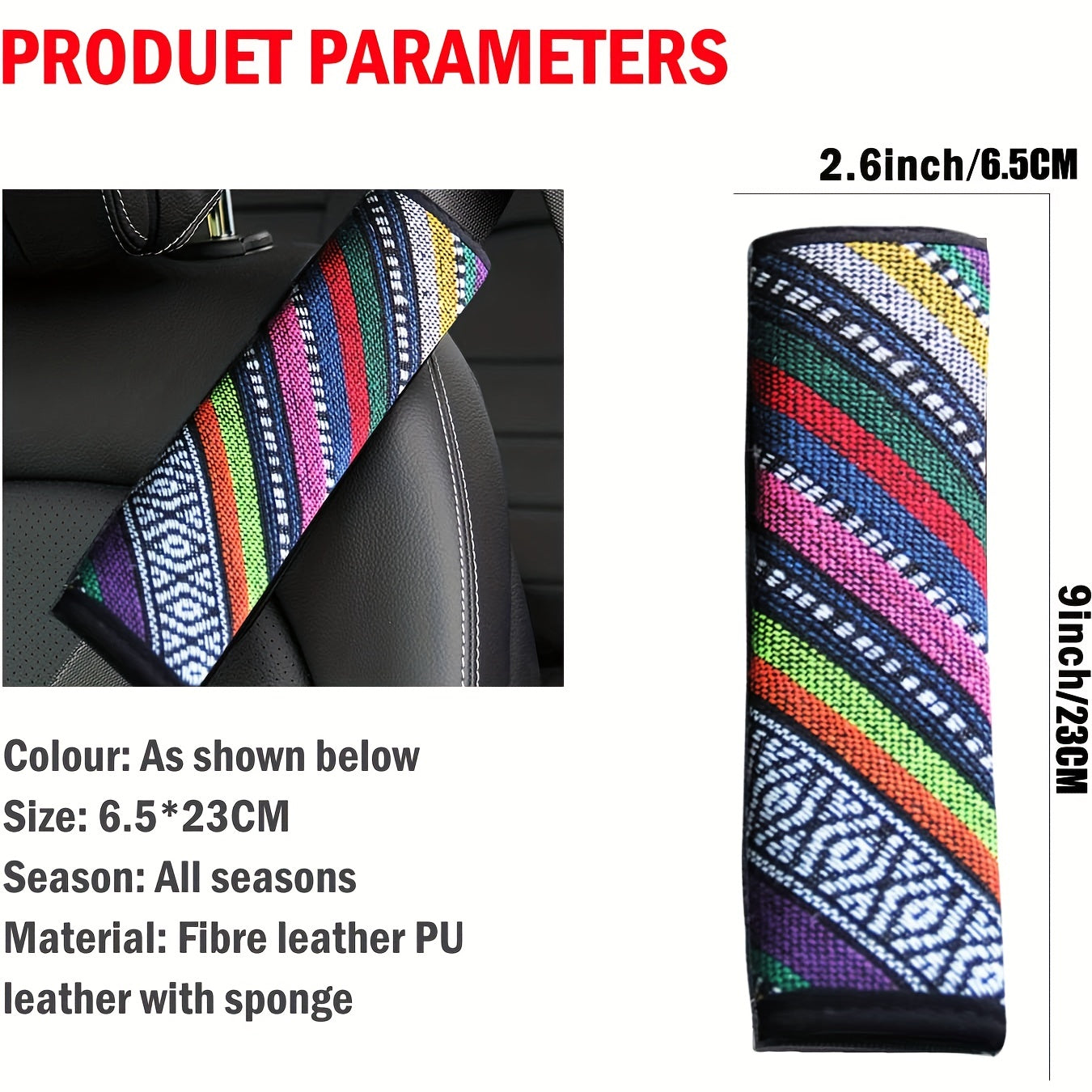 2pcs Cotton Linen Seat Belt Pads Rainbow Colorful