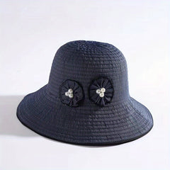 Striped Sun Hat Faux Pearl Wide Brim UV Protection Bucket Hat