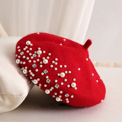 Faux Pearl Rhinestone Beret Winter Thermal Hat - Chinese New Year Gift
