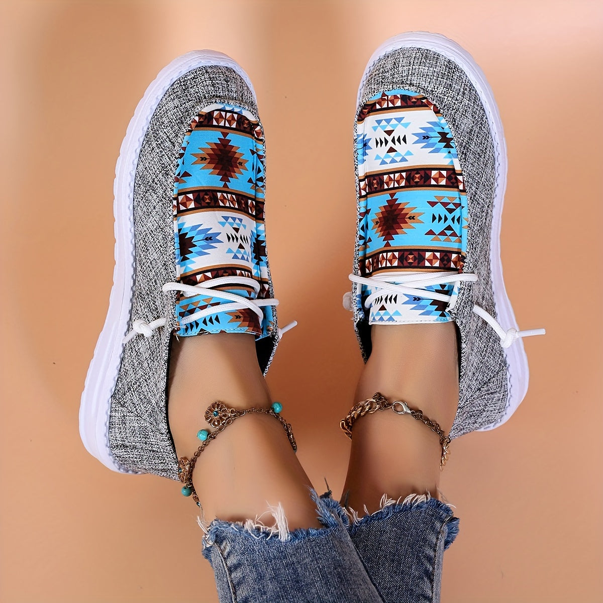 Retro Blocking Print Low Top Sneakers Lightweight Non slip Leisure Walking Shoes