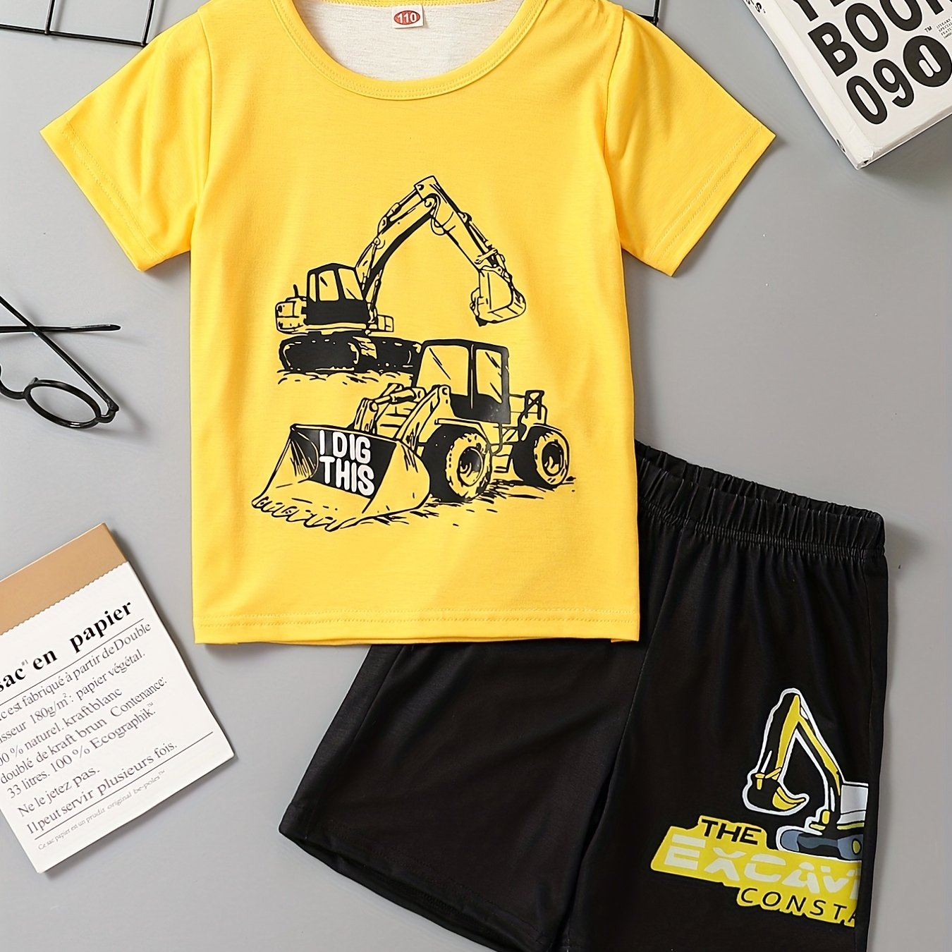 Excavator Print Casual Outfit T-shirt & Shorts Set for Boys