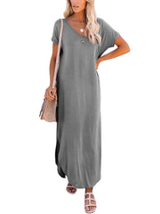 Solid Pocket Short Sleeve Crew Neck Dress Women's Clothing